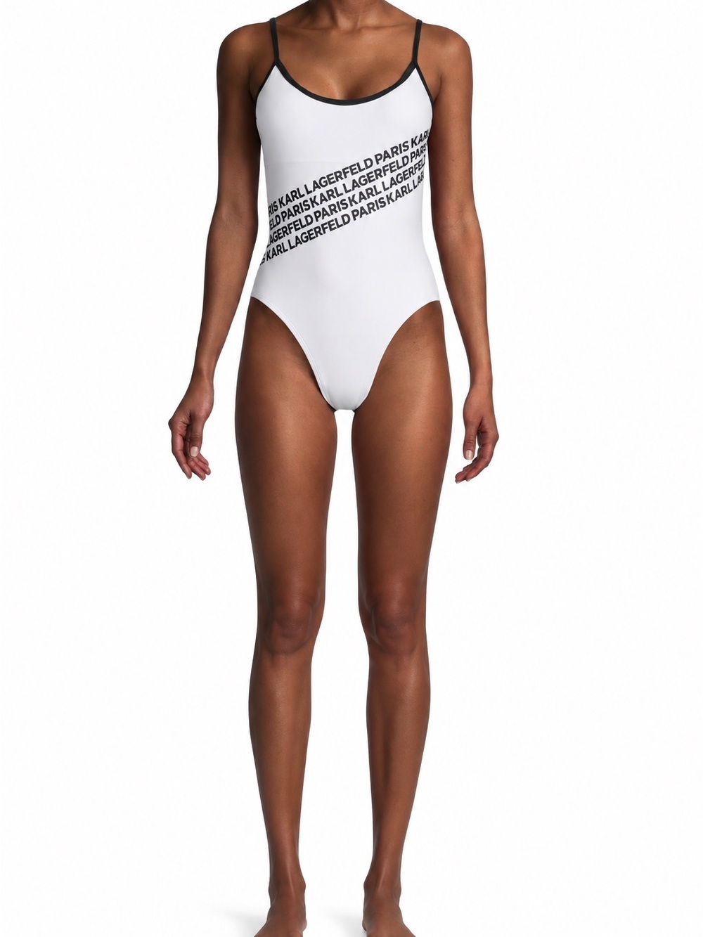 Karl Lagerfeld White One-Piece Swimsuit with Black Trim and Logo Size Large